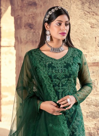 Salwar Suit Embroidered Net in Green