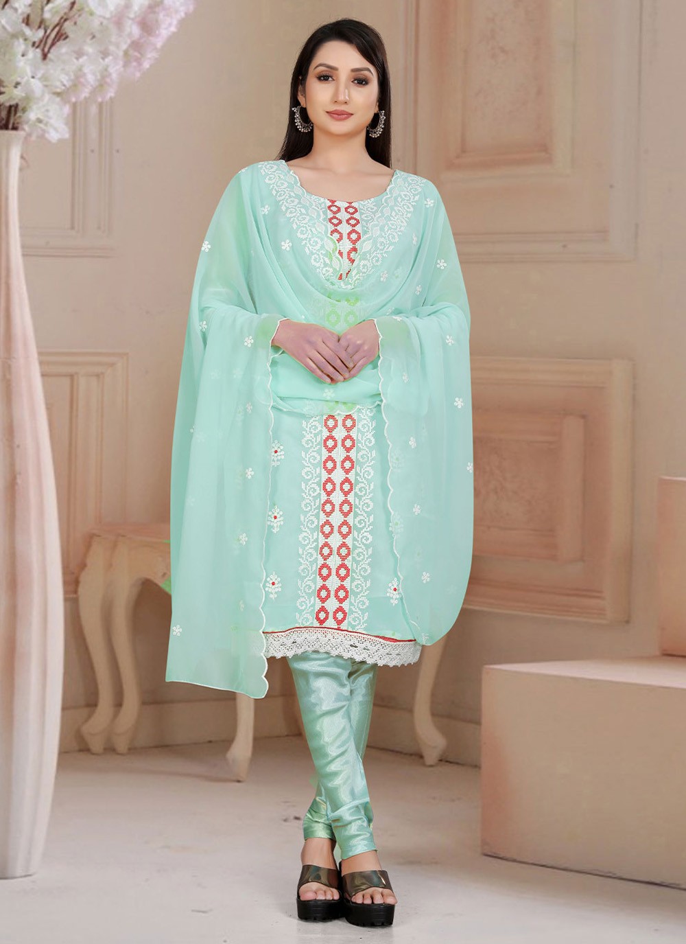 Salwar Suit Embroidered Organza in Blue