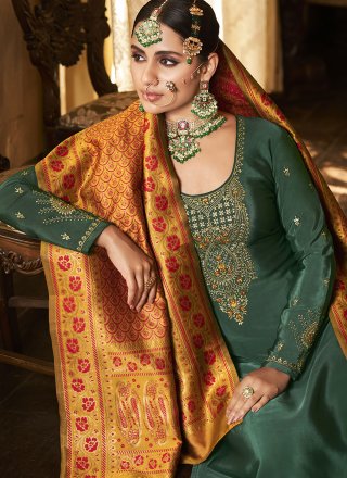 Salwar Suit Jacquard Work Crepe Silk in Green