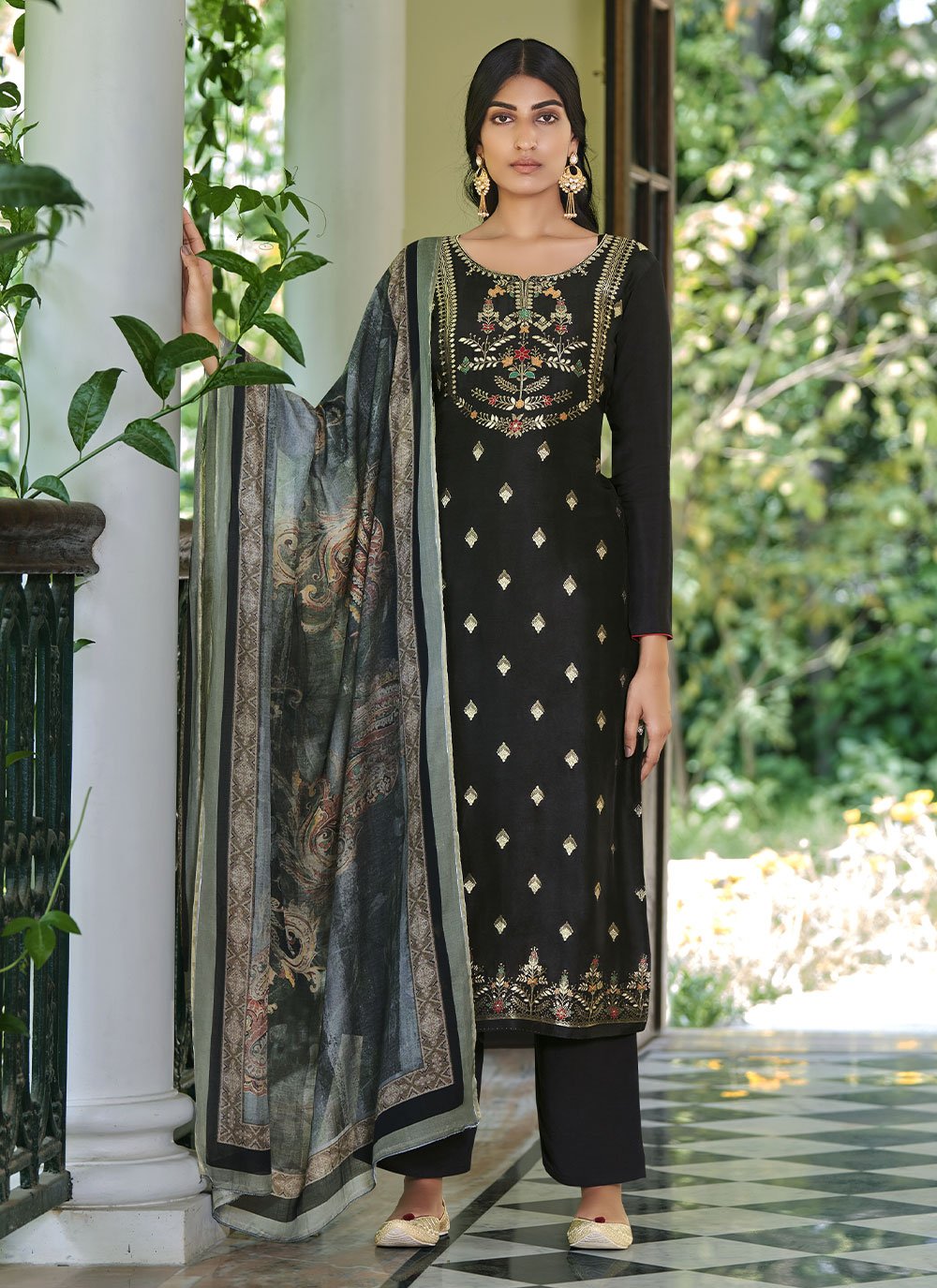Salwar Suit Weaving Jacquard Silk in Black