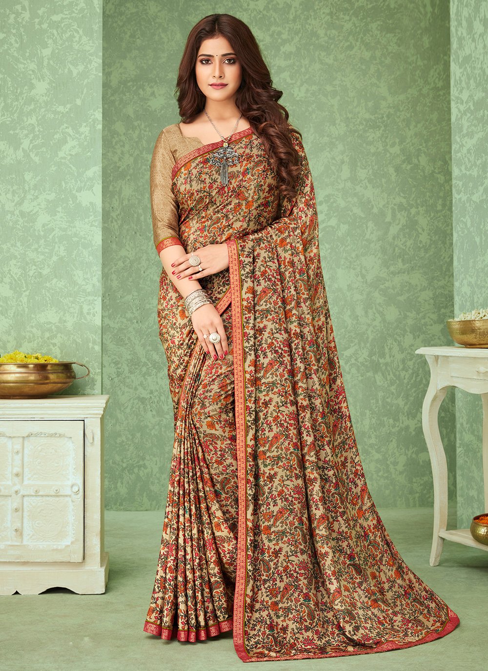 Saree Abstract Print Faux Crepe in Beige