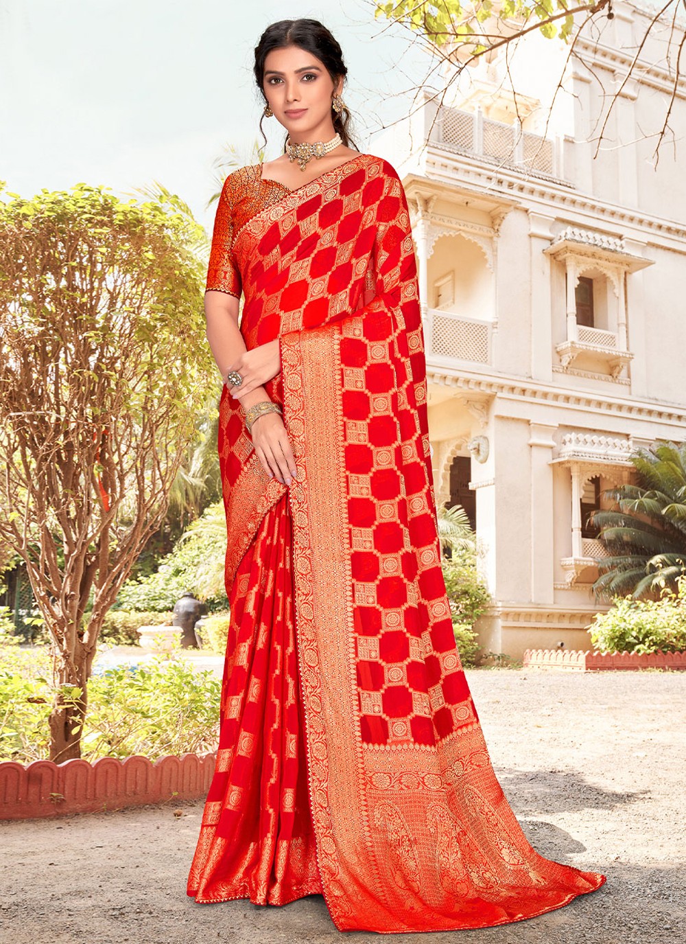 Buy Online Red and Green Modal Silk Saree in USA| White Print Border – Pure  Elegance