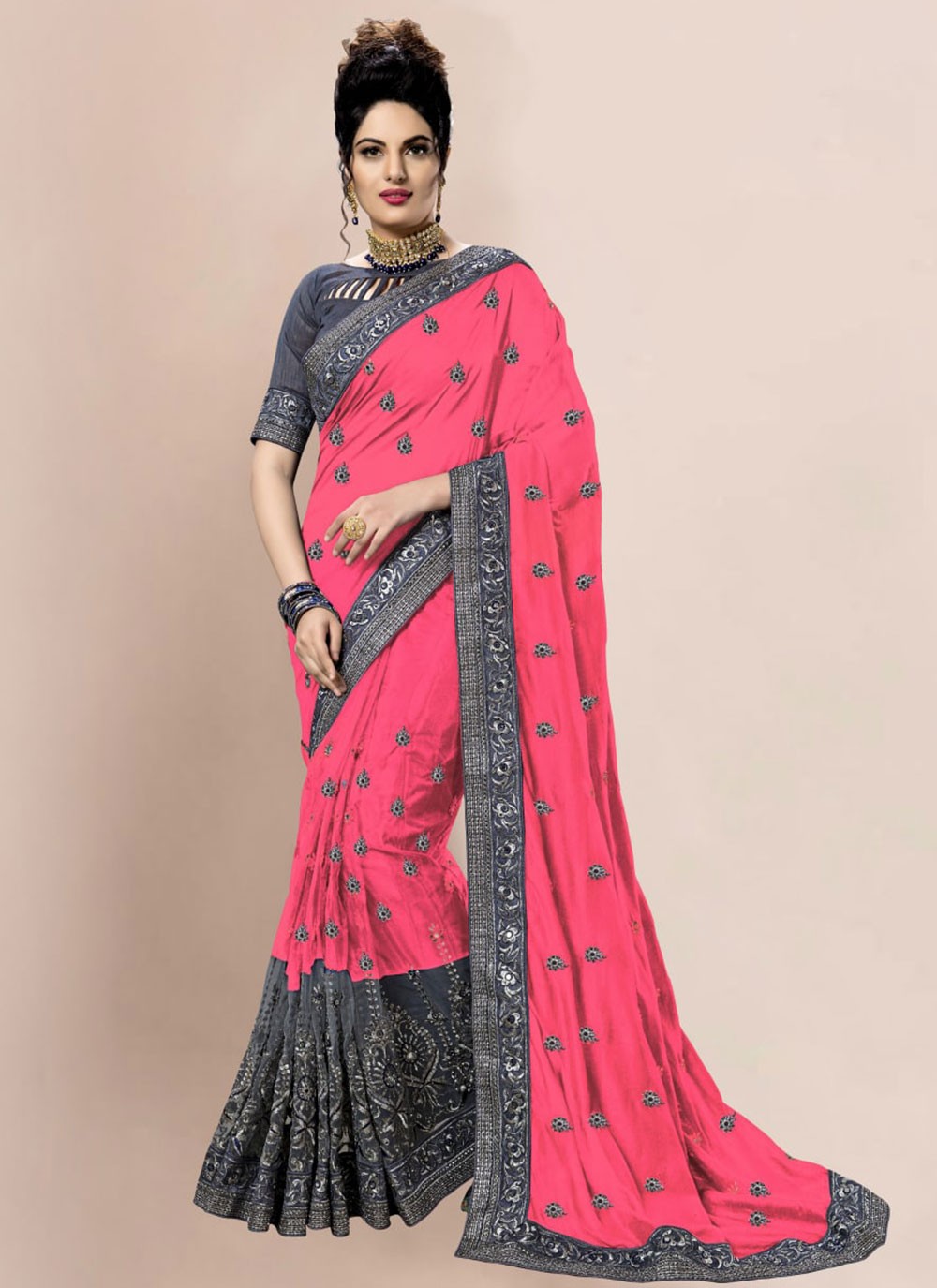 Saree Embroidered Satin in Pink