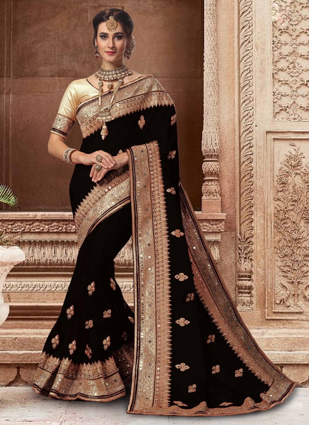 Satin Embroidered Classic Saree in Black