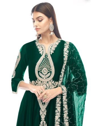 Satin Floor Length Anarkali Suit in Green
