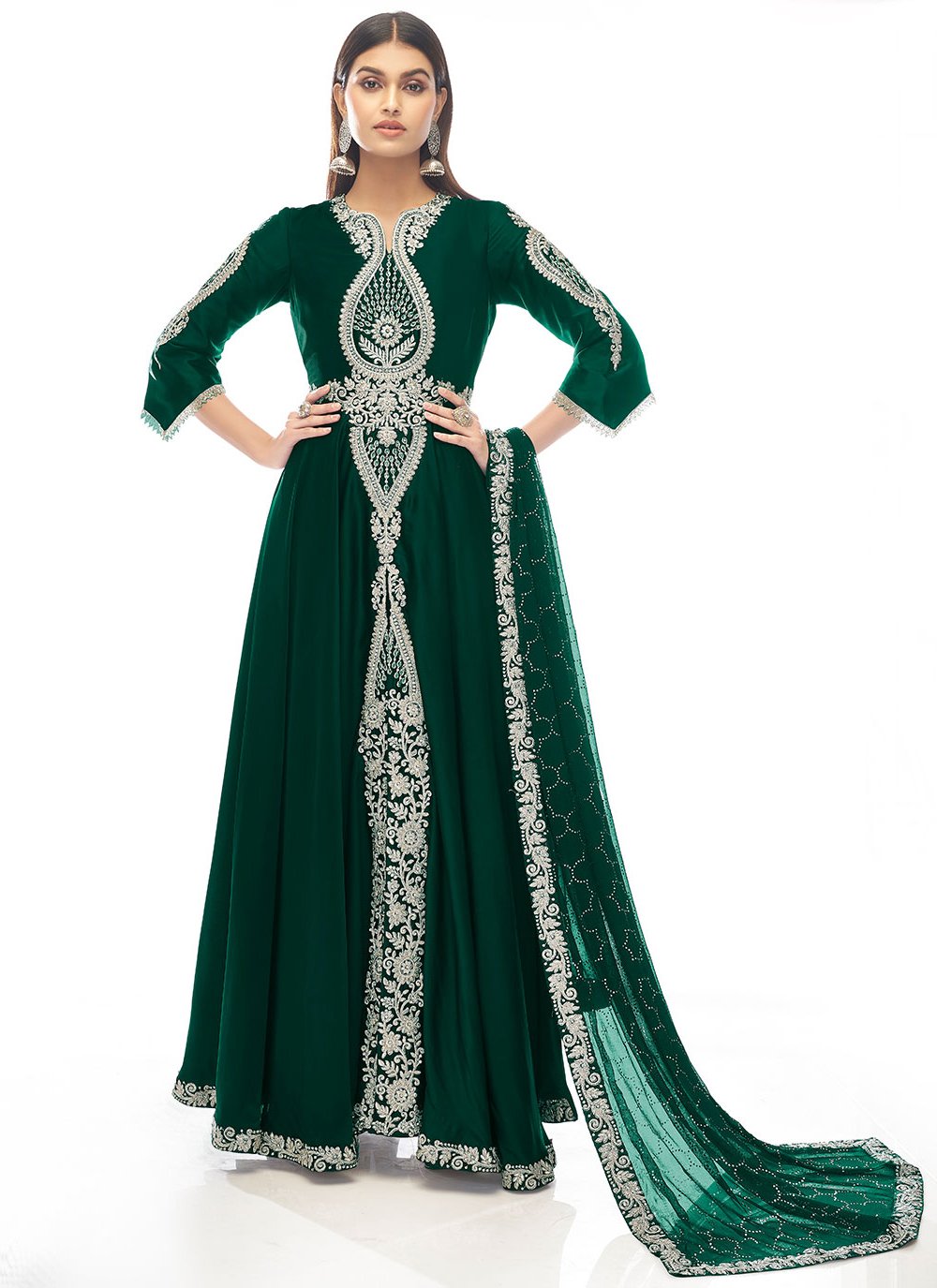 Satin Floor Length Anarkali Suit in Green