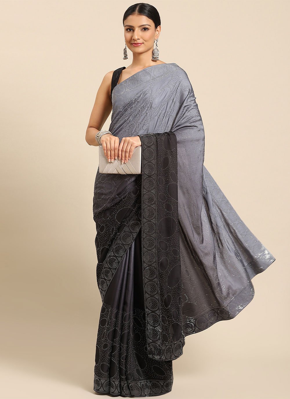 Satin Grey Contemporary Style Saree