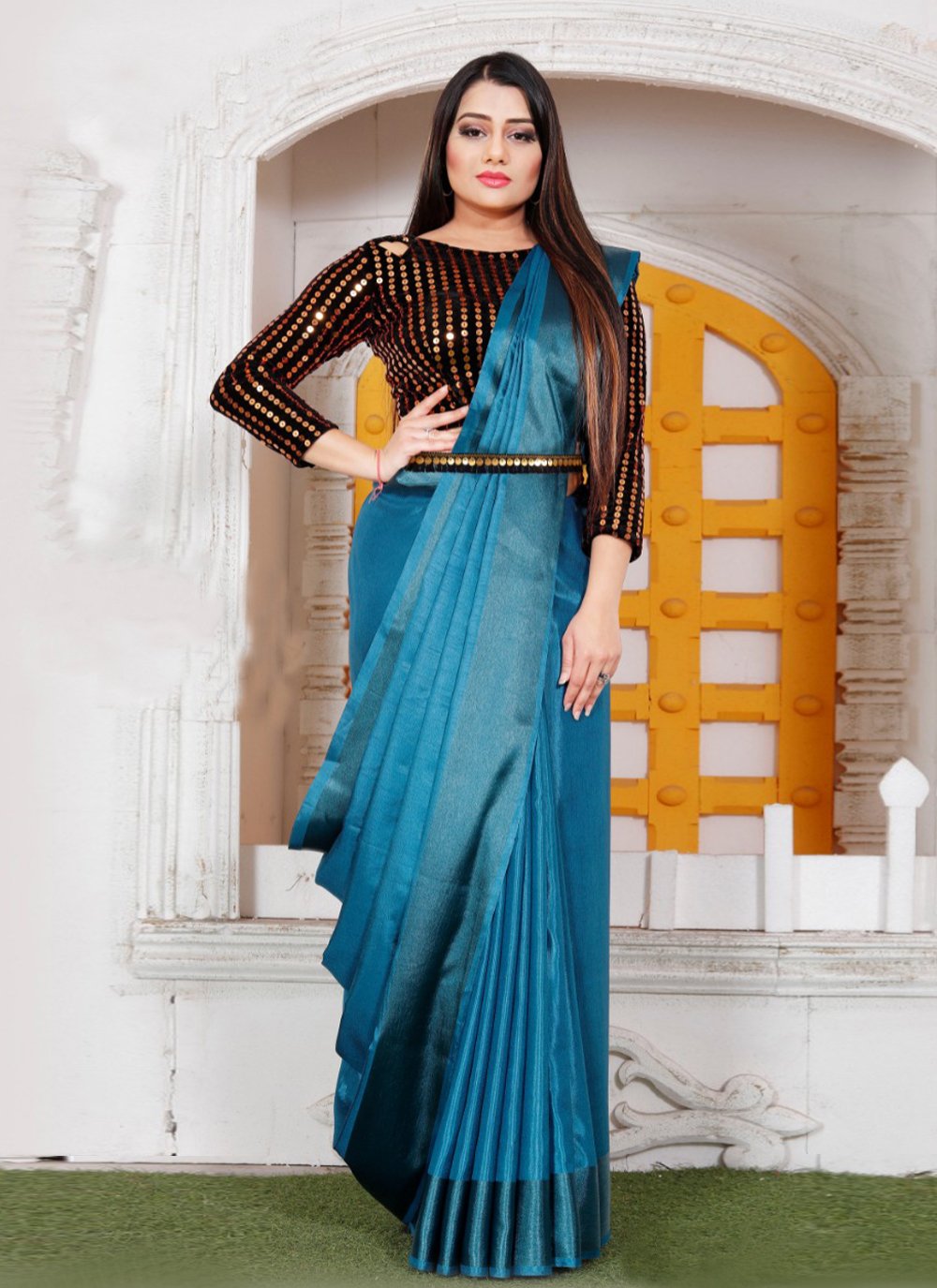 Alluring Rama Blue & Black Satin Silk Plain Party Wear Saree - RJ Fashion