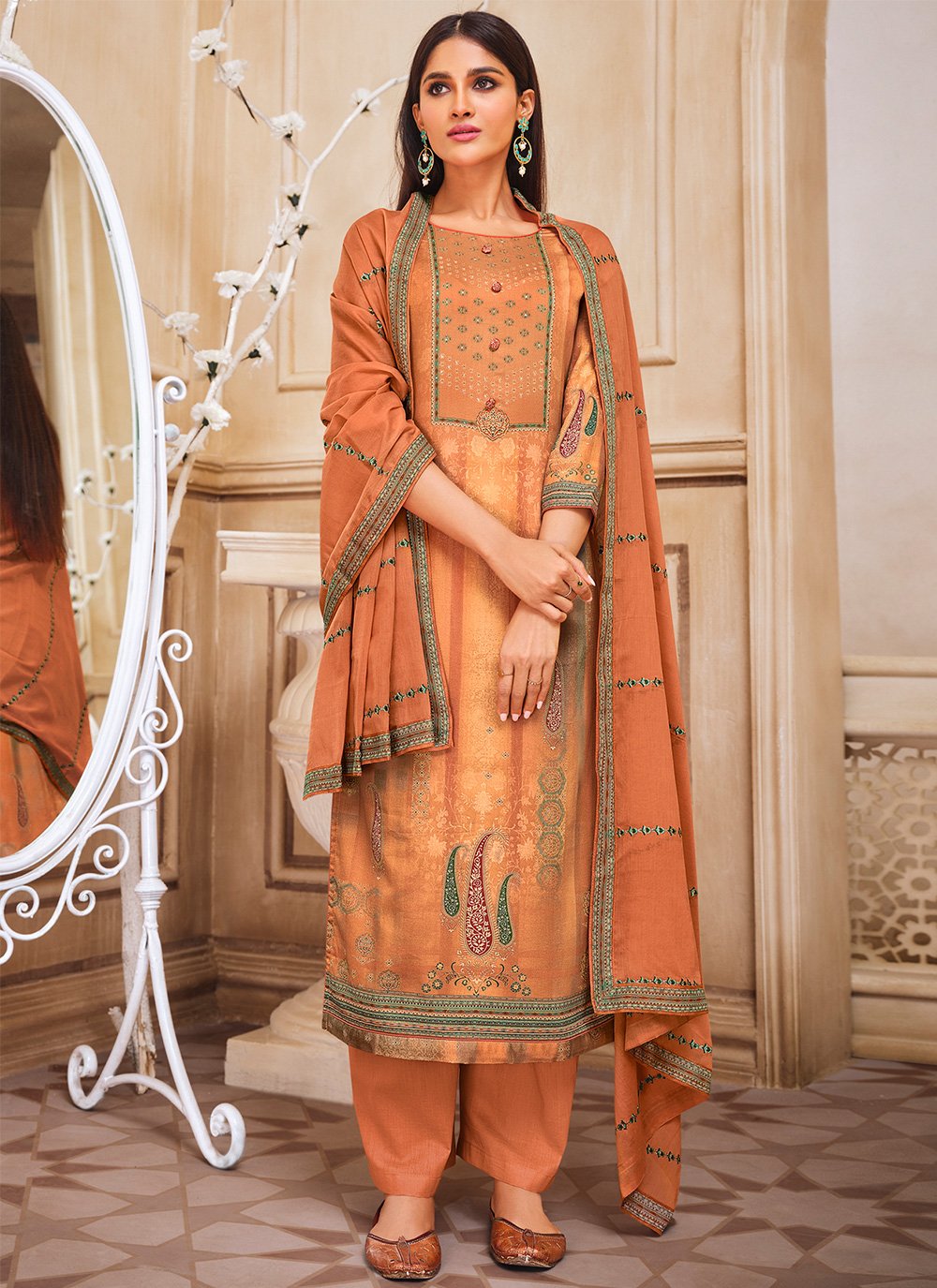 Satin Printed Orange Designer Straight Suit