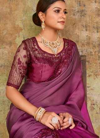 Satin Purple Embroidered Saree
