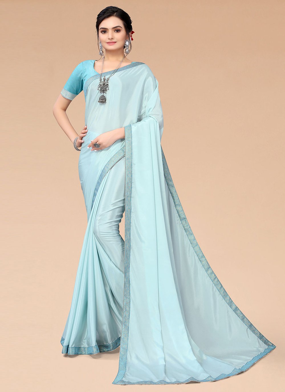 Satin Silk Blue Plain Contemporary Saree