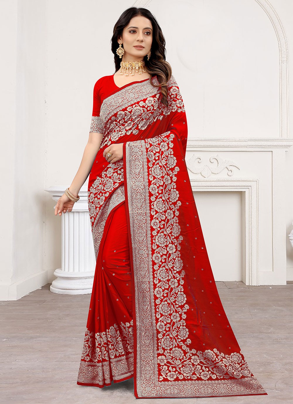 Satin Silk Embroidered Red Classic Saree