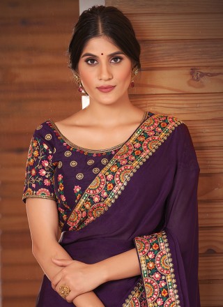 Satin Silk Patch Border Designer Traditional Saree in Purple