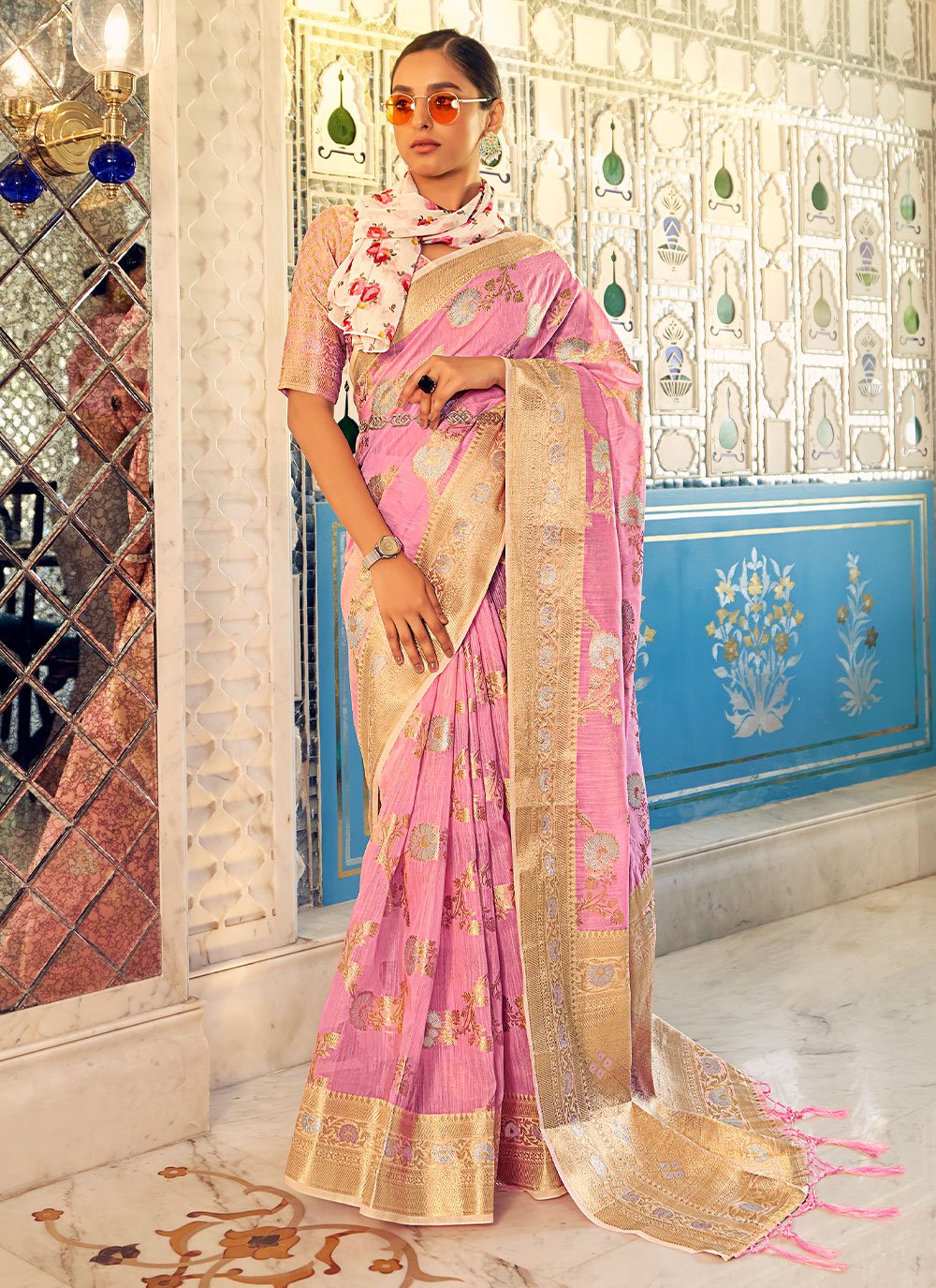 Satin Silk Pink Contemporary Saree