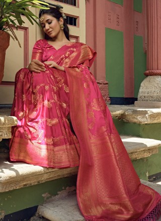 Satin Silk Pink Weaving Classic Designer Saree