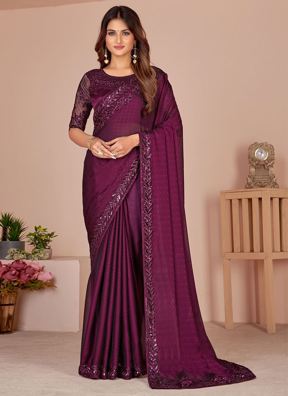 Buy Satin Silk Sequins Traditional Saree in Wine Online