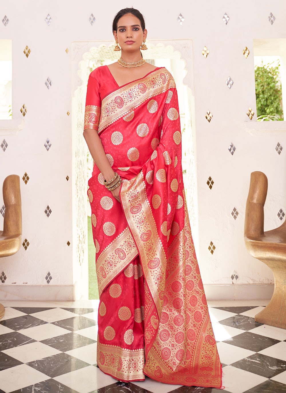 Satin Weaving Classic Designer Saree in Red