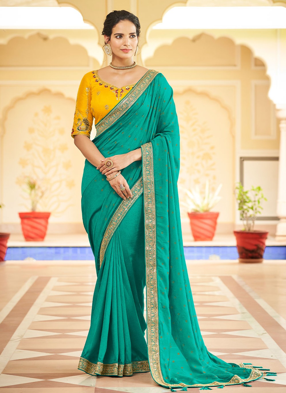 SEA GREEN SHADE SEMI SILK SAREE WITH ANTIQUE GOLD FLORAL MOTIFS –  Toshaany.com