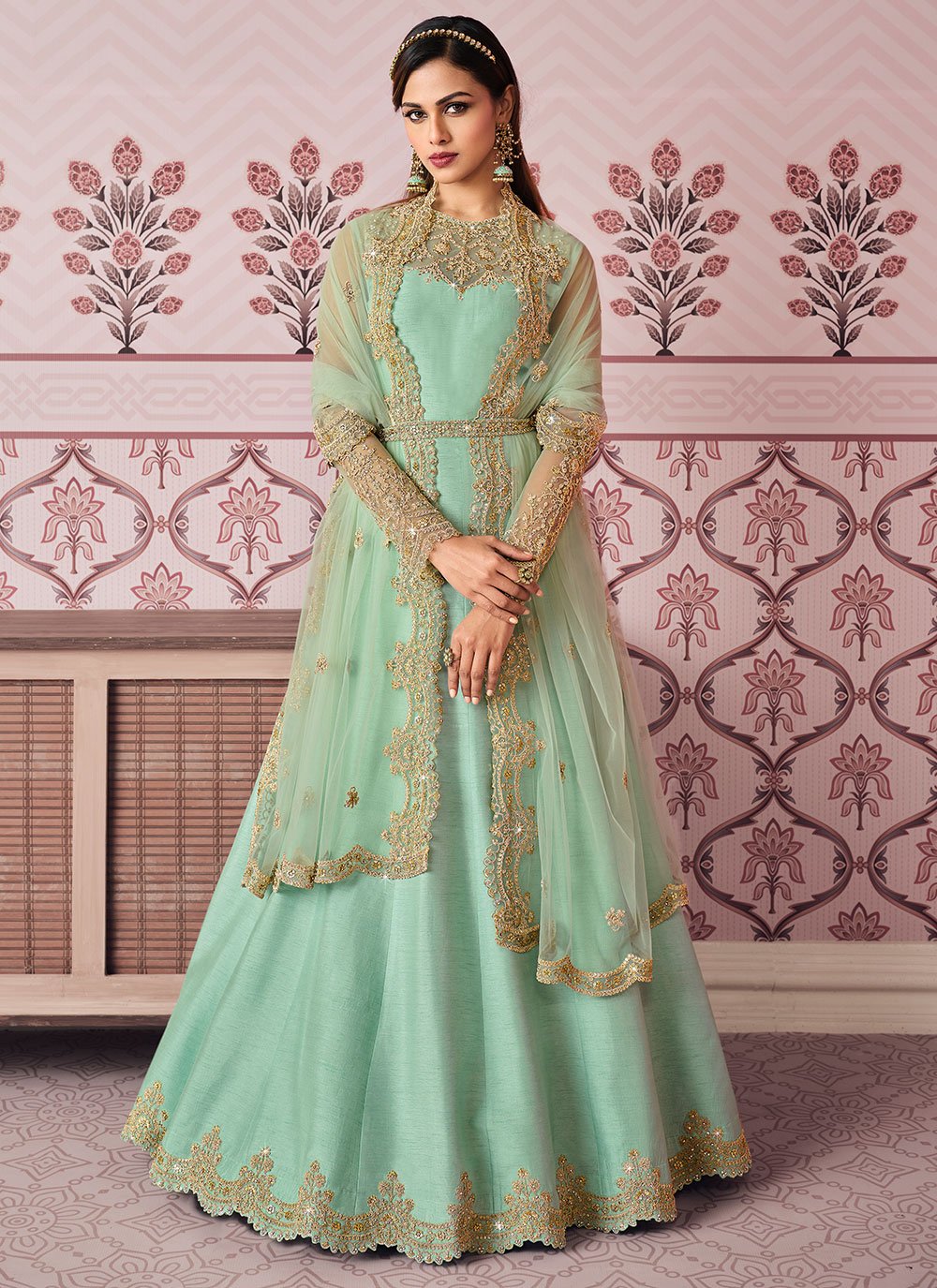 sea green silk suit