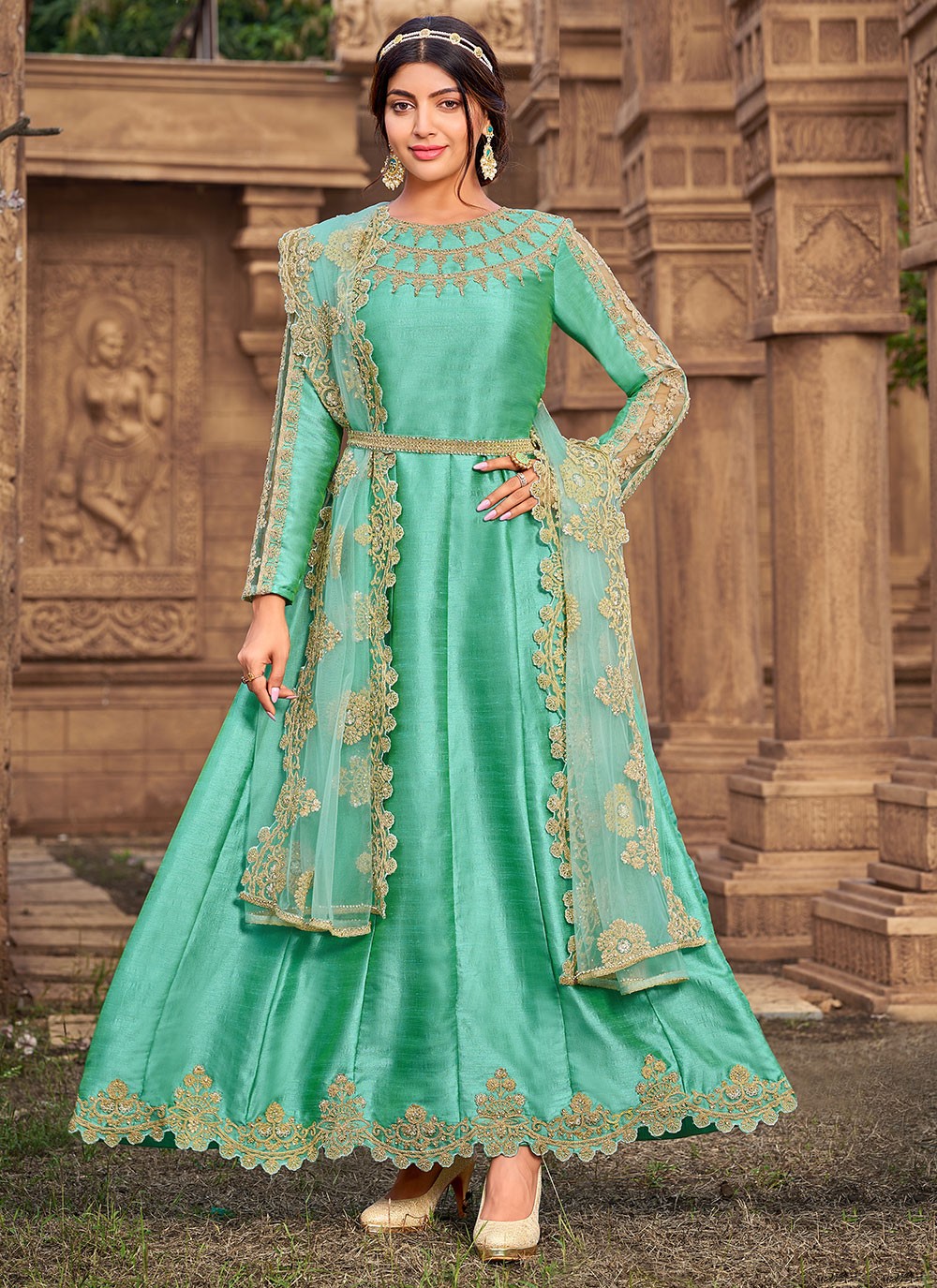Sea Green Woven Silk Anarkali Salwar Suit