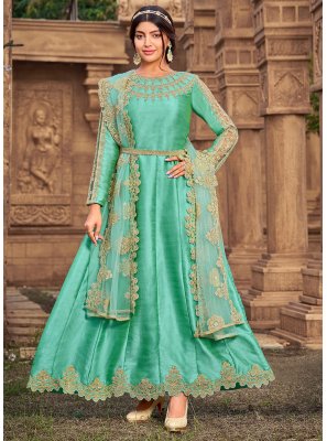 Sea Green Woven Silk Anarkali Salwar Suit