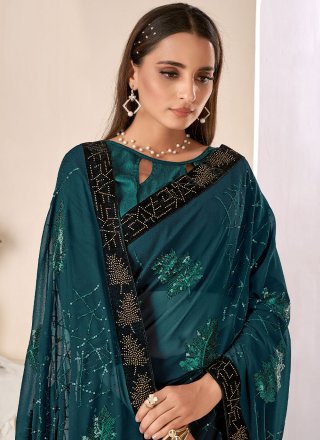 Sequins Bembarg Contemporary Saree in Turquoise