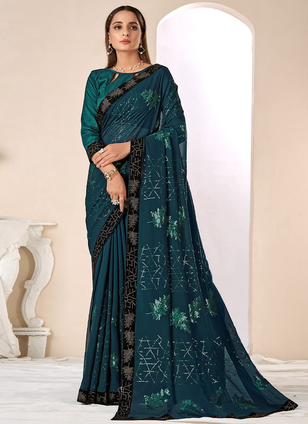 Sequins Bembarg Contemporary Saree in Turquoise