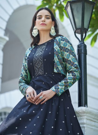 Sequins Blue Cotton Designer Gown