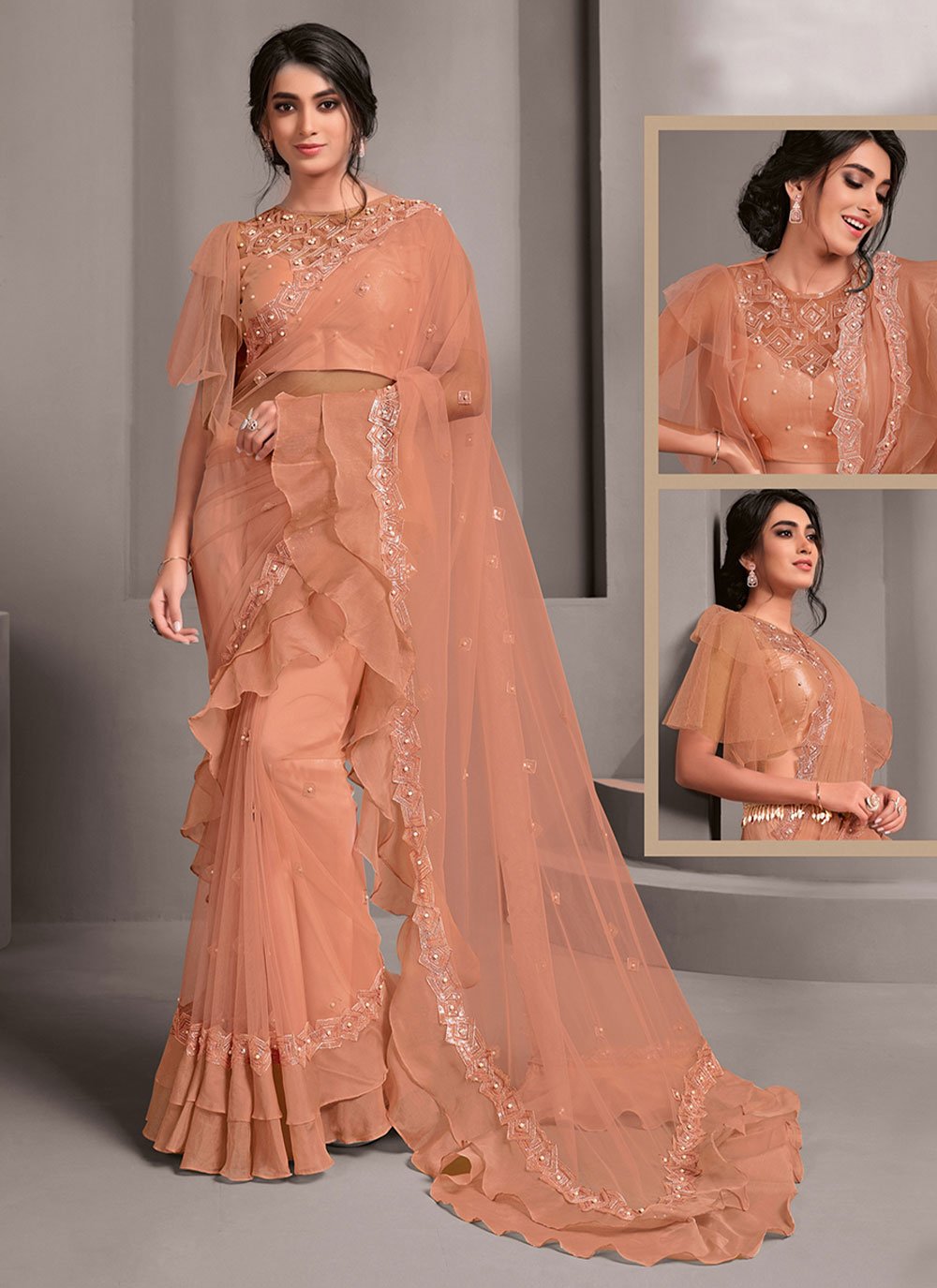Ruffle Saree With Blouse/ Peach Ruffle Saree With Stitched Blouse