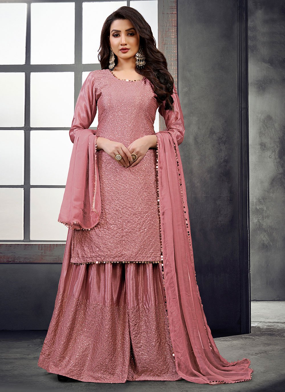 Sequins Chinon Designer Pakistani Salwar Suit in Pink