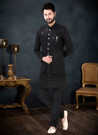 Sequins Fancy Fabric Indo Western Sherwani in Black