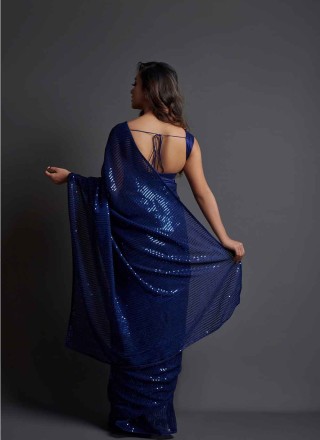 Sequins Faux Georgette Classic Saree in Blue