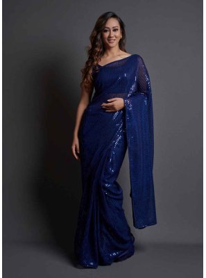 Sequins Faux Georgette Classic Saree in Blue