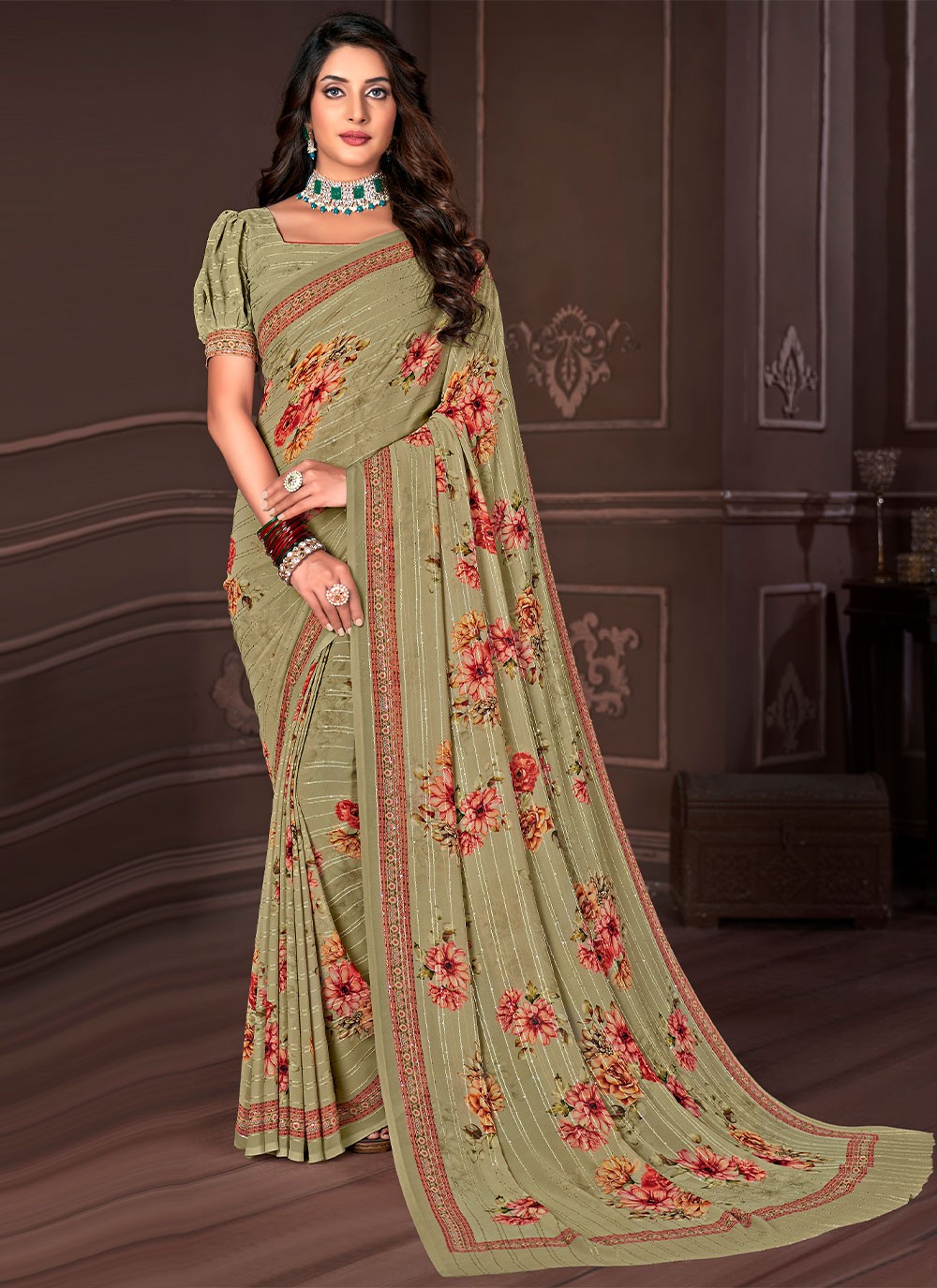 Sequins Georgette Contemporary Saree in Green
