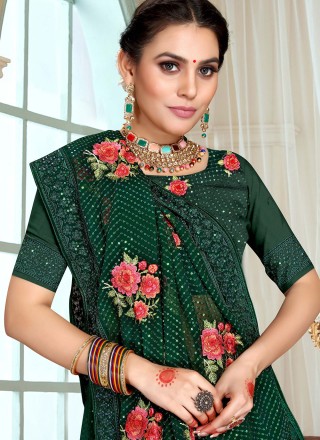 Sequins Georgette Saree in Green