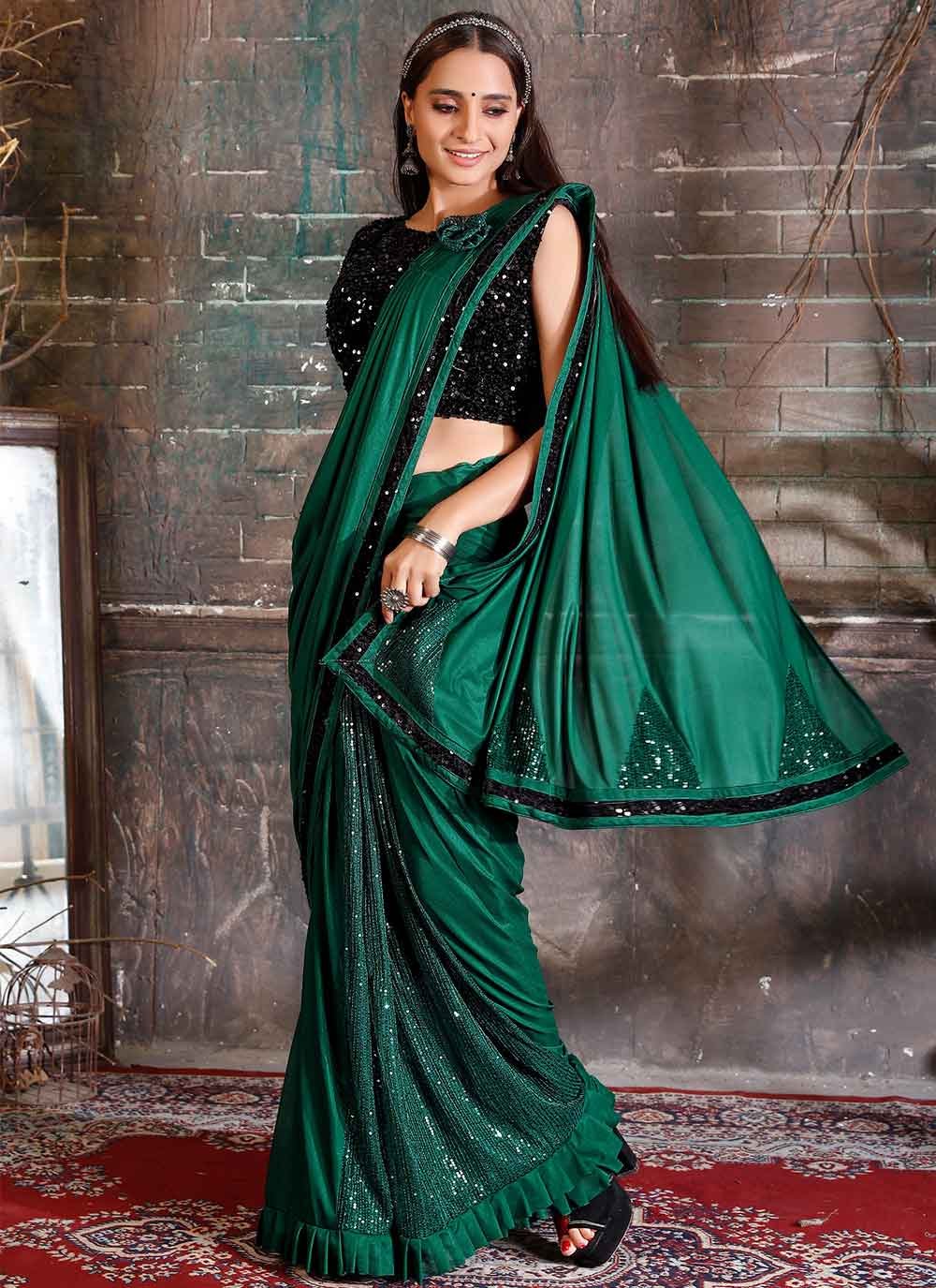 Dual Tone Dyed Bottle Green Saree with Sequins Blouse | KASHVI-SWARA-4104 |  Cilory.com