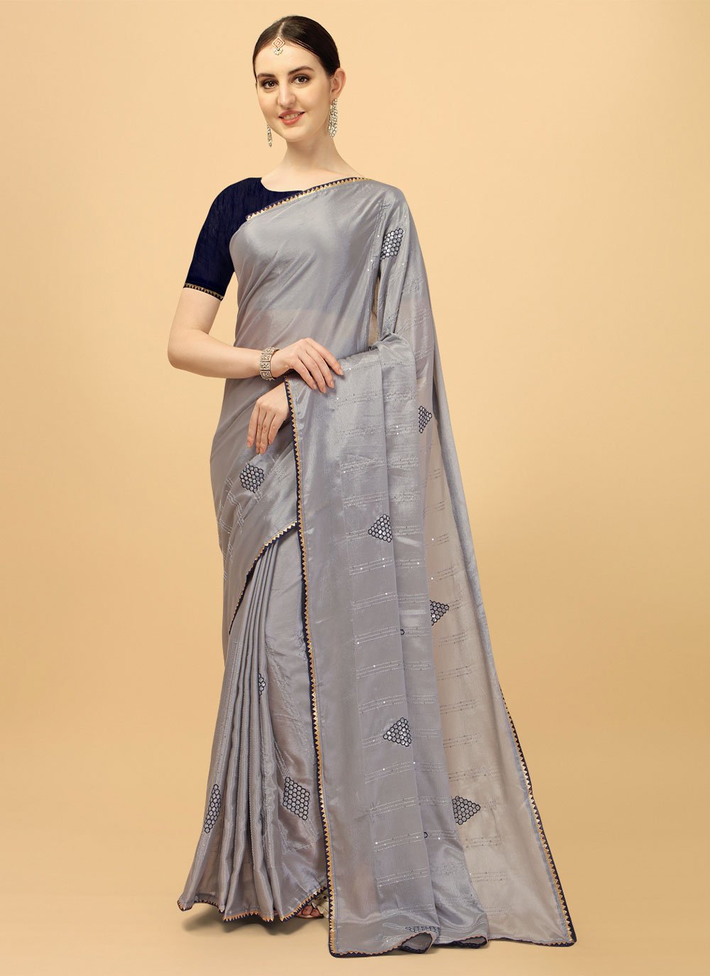 Sequins Grey Cotton Silk Saree