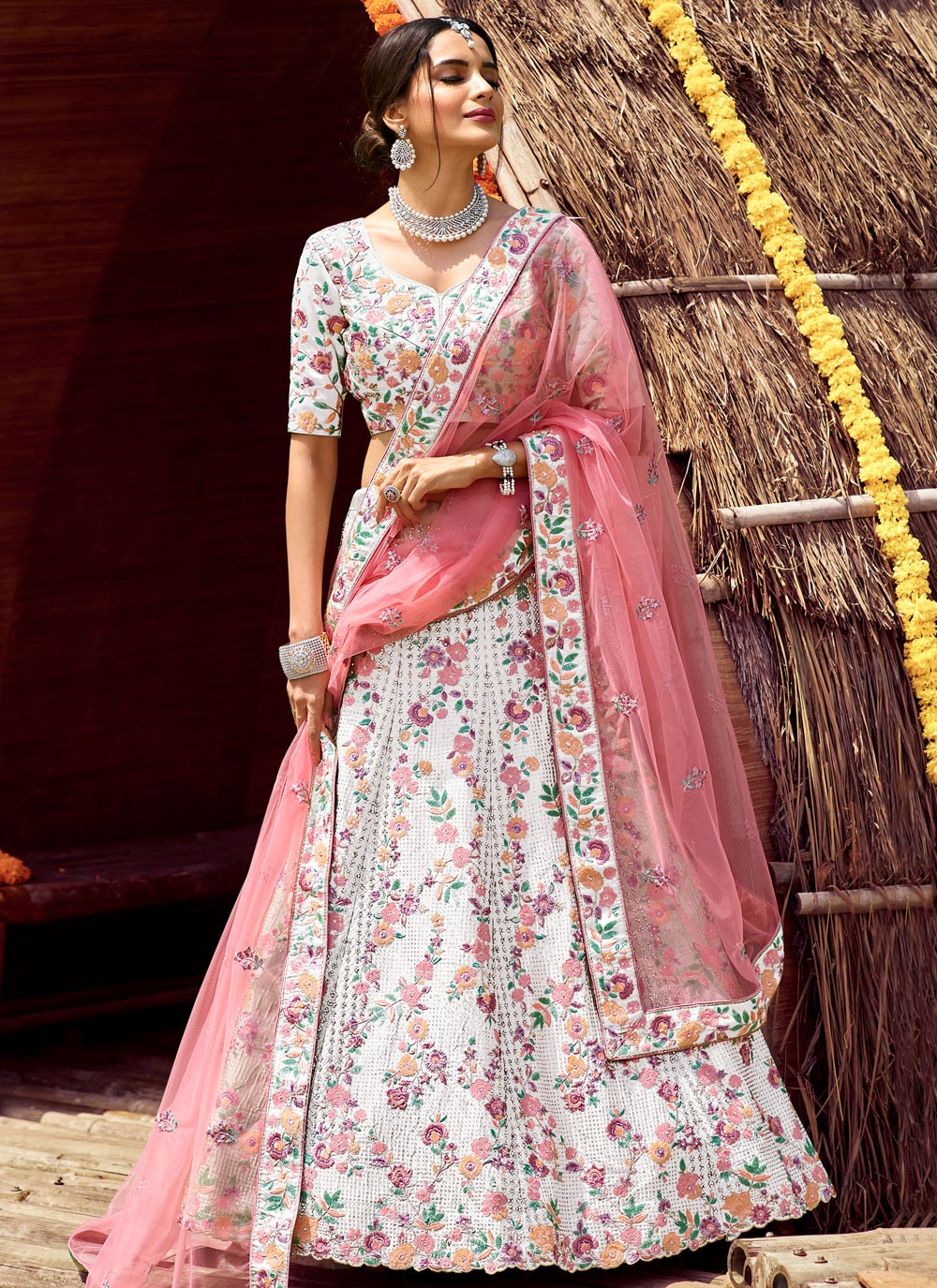 Sequins Satin Lehenga Choli in Off White and Pink