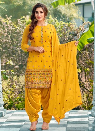 Aqua Blue And Pink Cotton And Satin Patiala Salwar Suit With Printed  Dupatta - Dmv14681