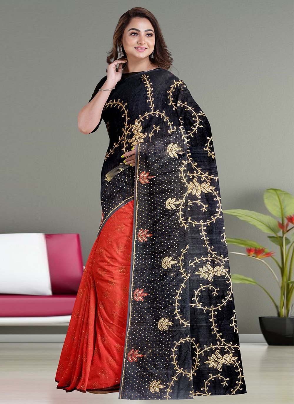 Shaded Saree Weaving Raw Silk in Black and Red