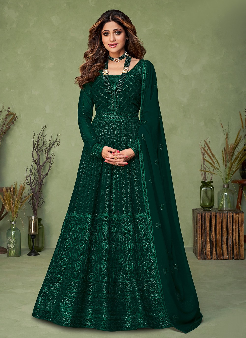 Shamita Shetty Embroidered Green Pure Georgette Readymade Designer Salwar Suit