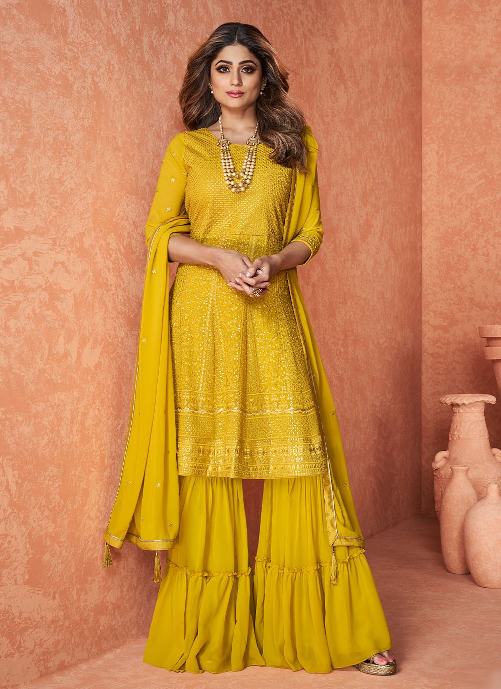 Shamita Shetty Embroidered Yellow Pure Georgette Readymade Salwar Suit