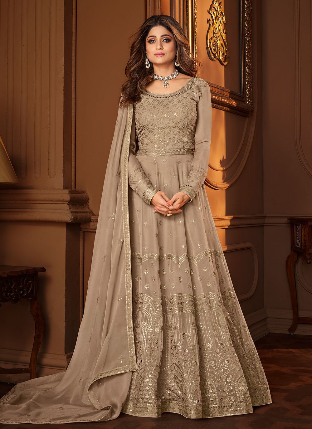 Shamita Shetty Georgette Embroidered Floor Length Anarkali Suit