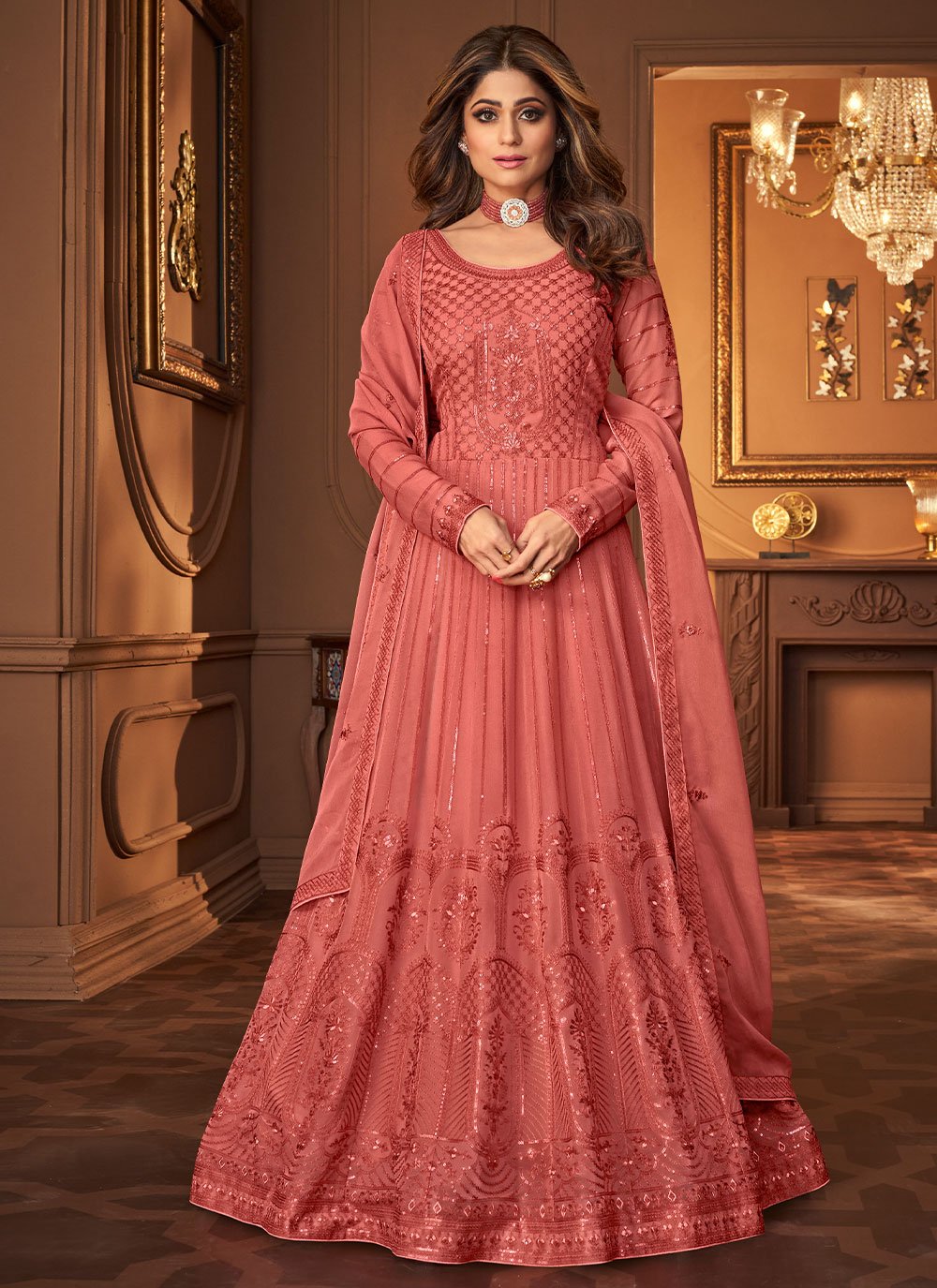 Shamita Shetty Pink Georgette Embroidered Floor Length Anarkali Salwar Suit