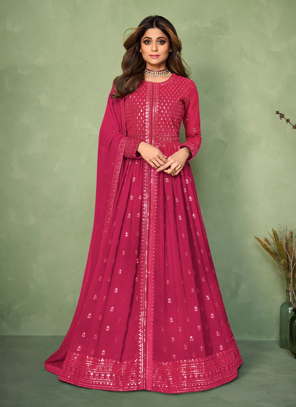 Shamita Shetty Pink Pure Georgette Embroidered Readymade Salwar Suit