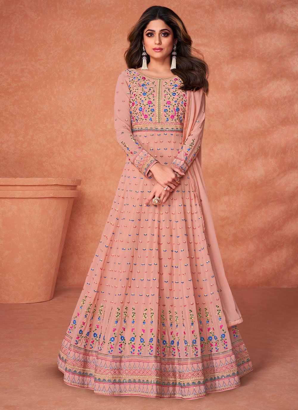 Shamita Shetty Pure Georgette Pink Embroidered Anarkali Salwar Suit