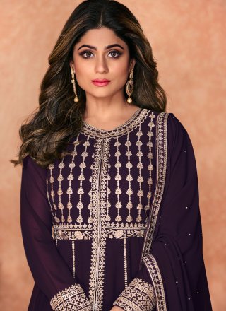 Shamita Shetty Purple Ceremonial Readymade Anarkali Salwar Suit