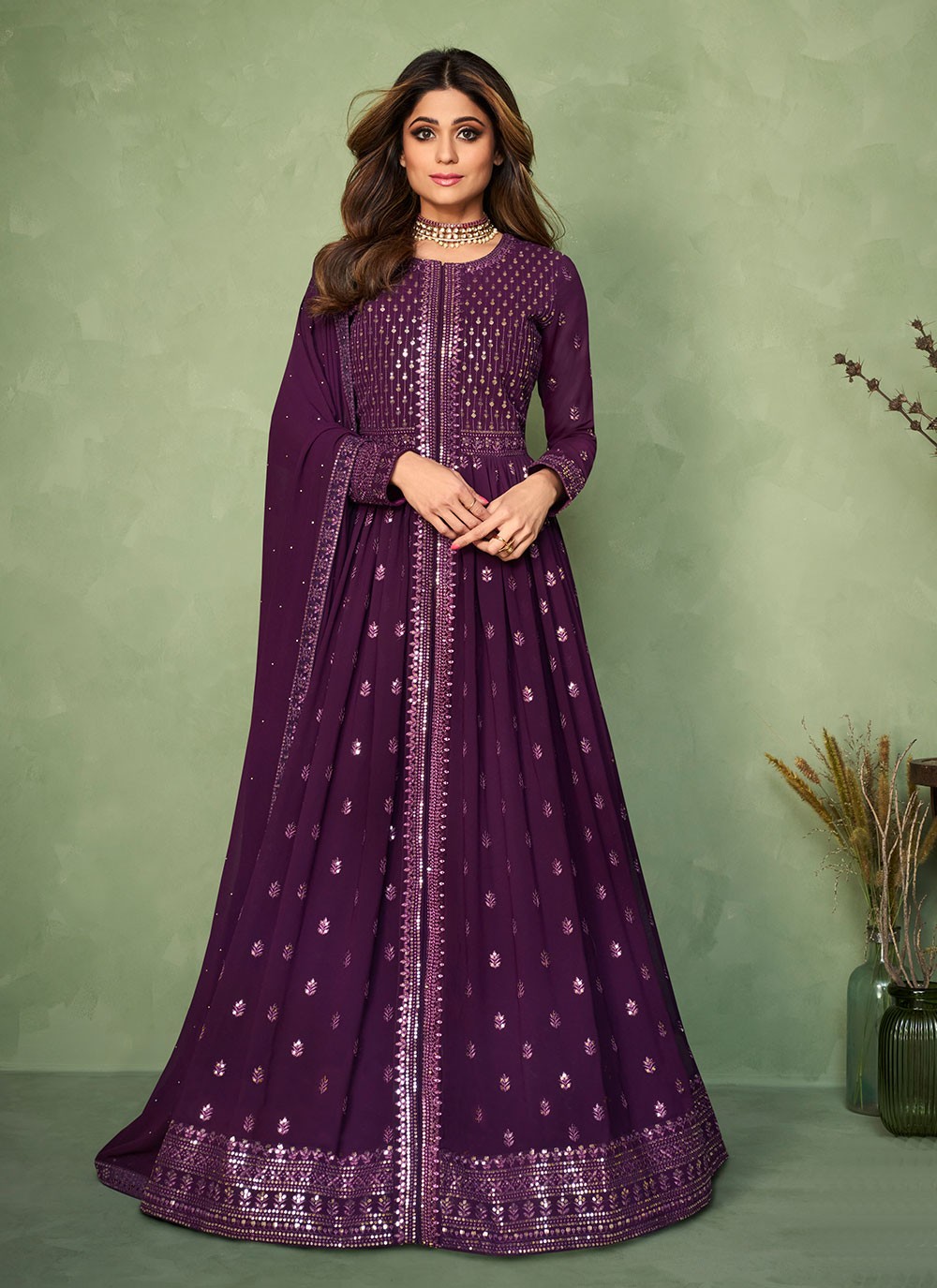 Shamita Shetty Purple Readymade Salwar Suit