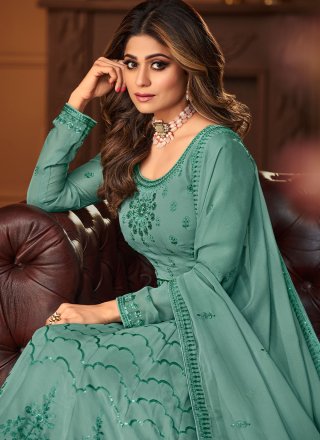 Shamita Shetty Turquoise Floor Length Anarkali Suit