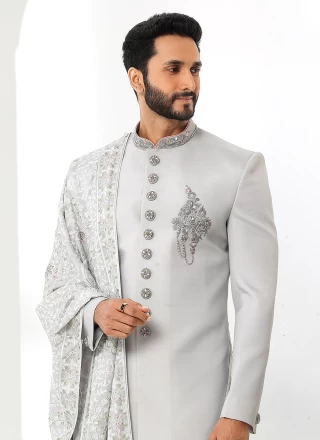 Sherwani Embroidered Art Silk in Grey